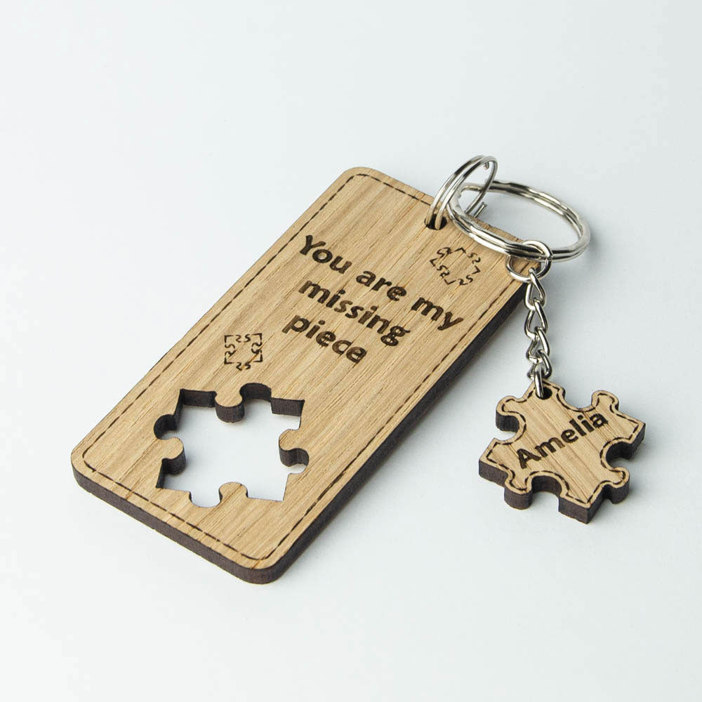 Wooden keyring with a jigsaw / puzzle