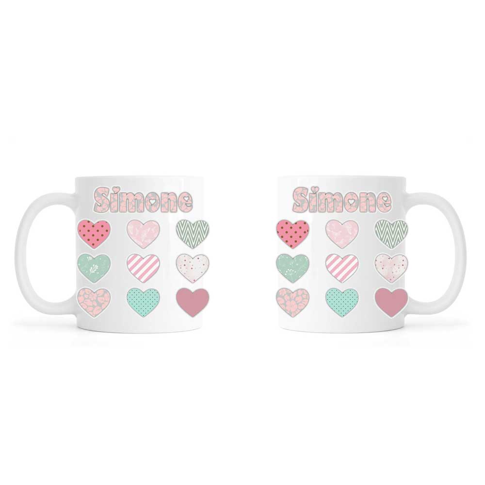 Personalised mug, vintage hearts, ceramic