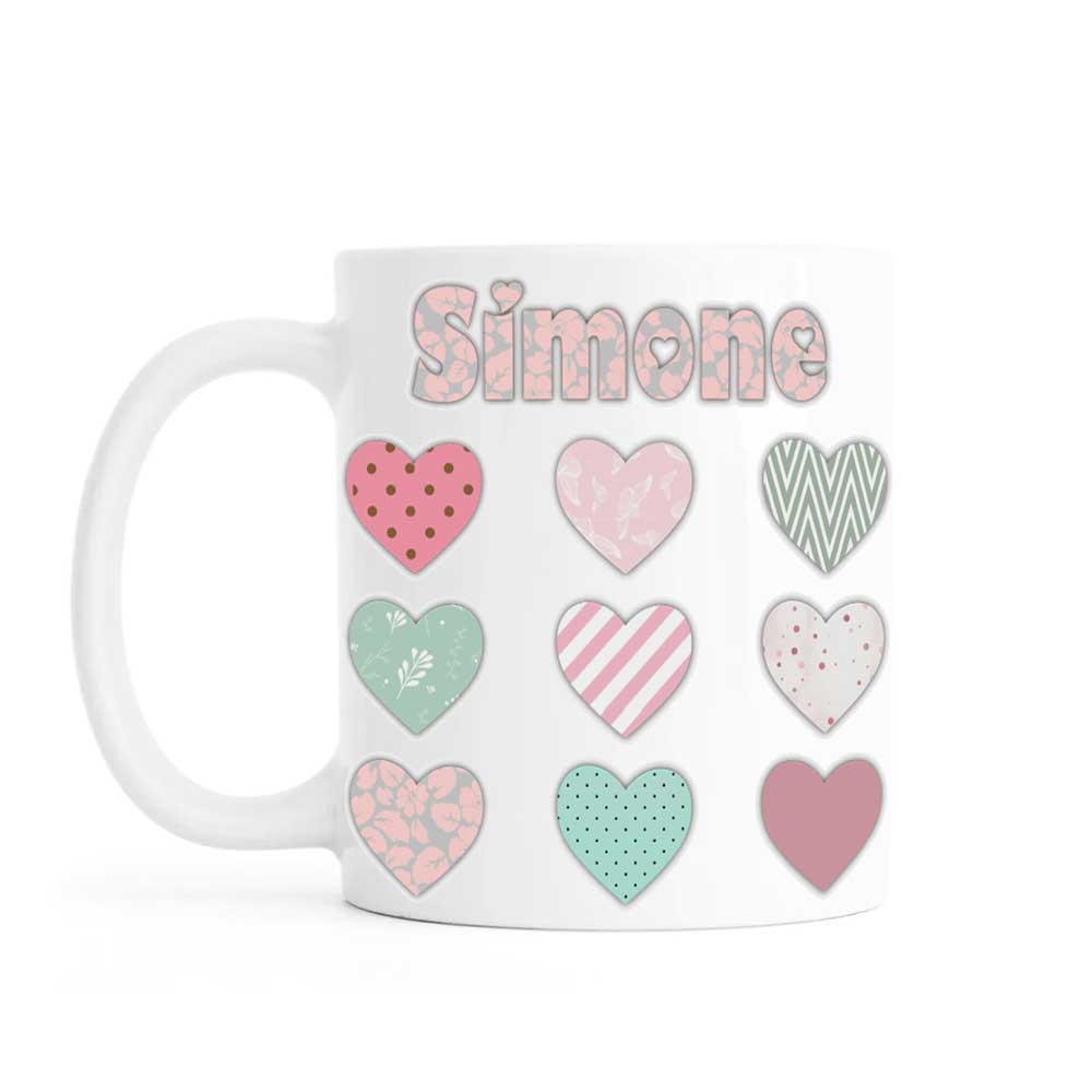 Personalised mug, vintage hearts, ceramic