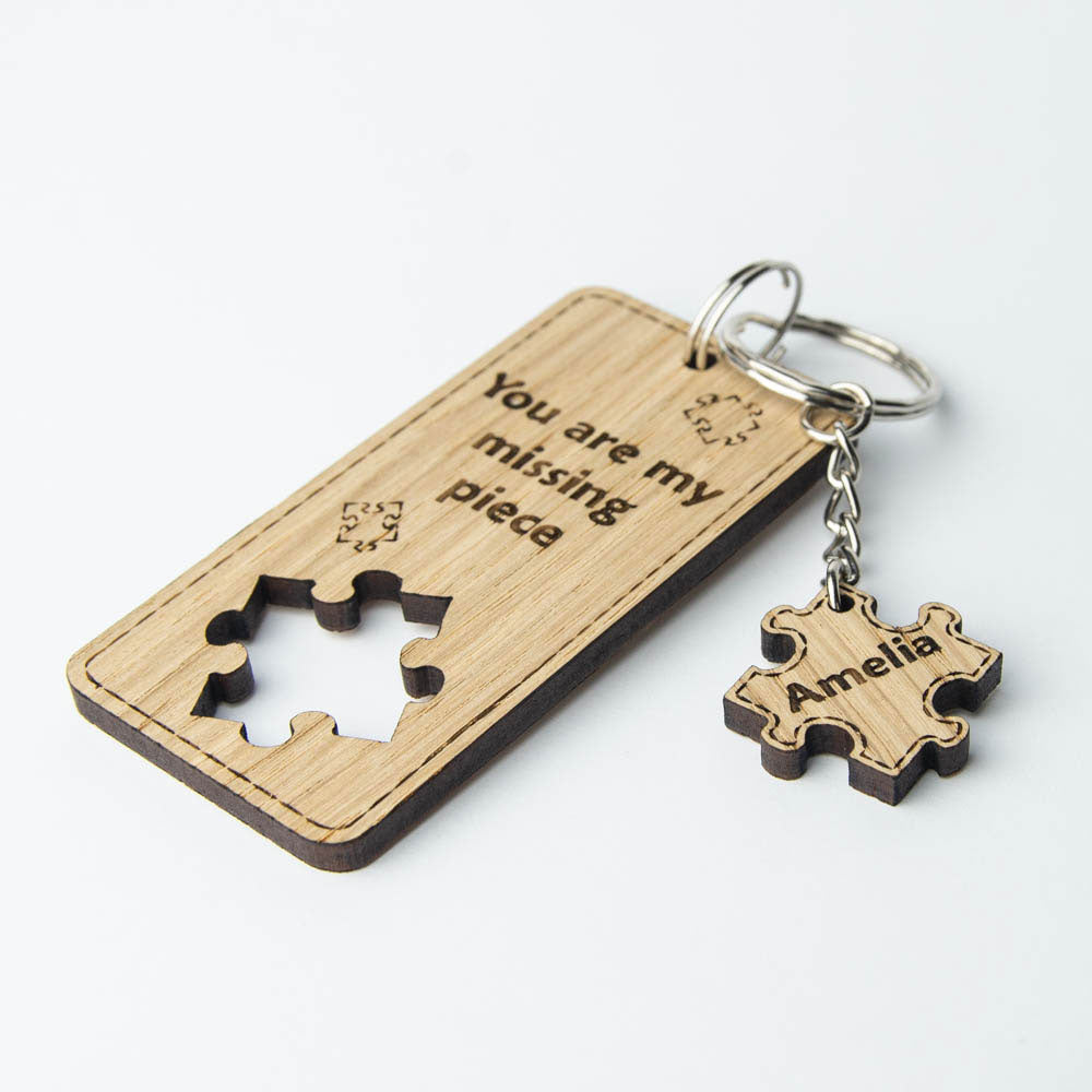 Wooden keyring with a jigsaw / puzzle