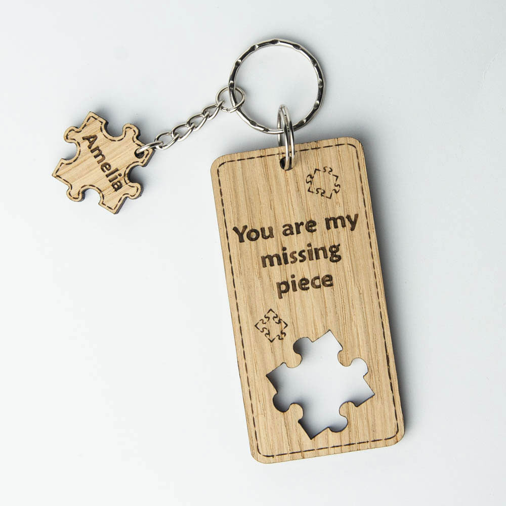 Wooden keyring with a jigsaw / puzzle