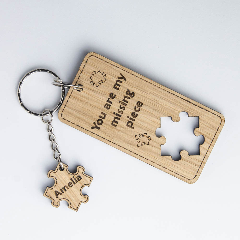 Wooden keyring with a jigsaw / puzzle