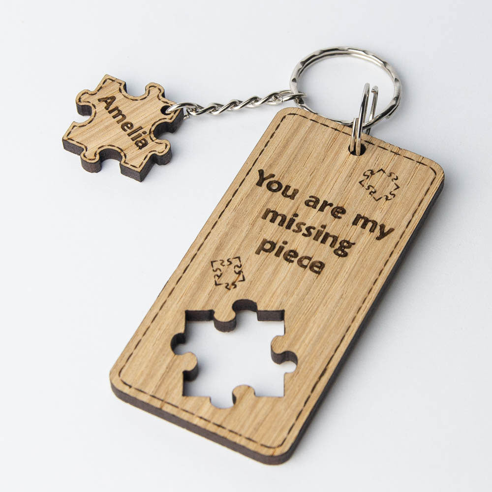 Wooden keyring with a jigsaw / puzzle