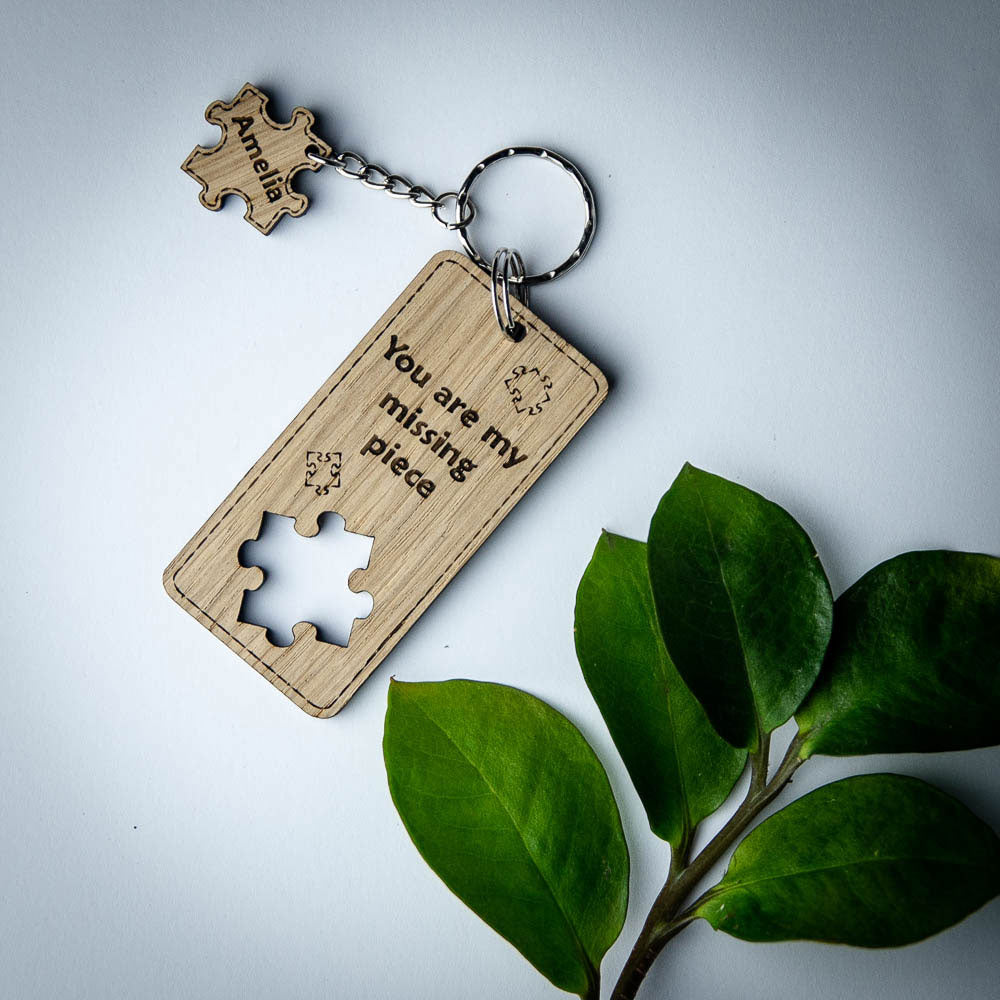 Wooden keyring with a jigsaw / puzzle