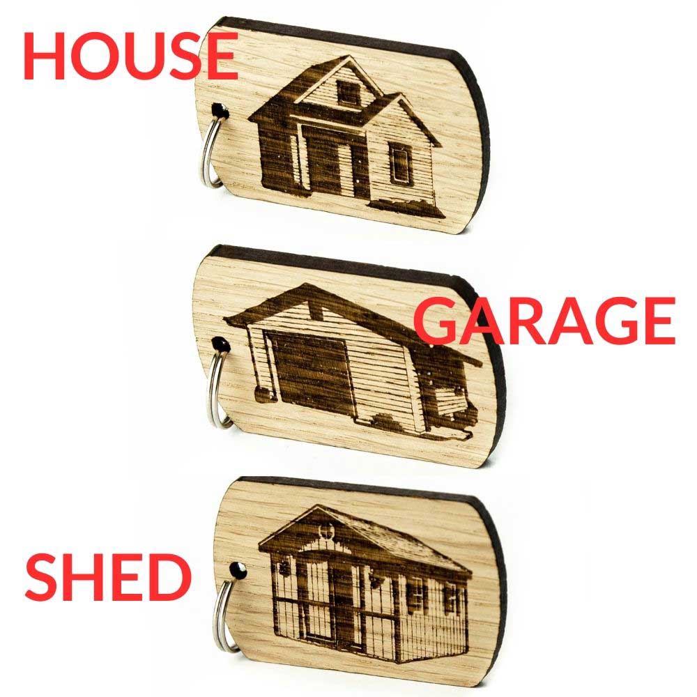 Keyring for Shed, Garage Keys Buildings Wooden Keyrings Personalised Oak