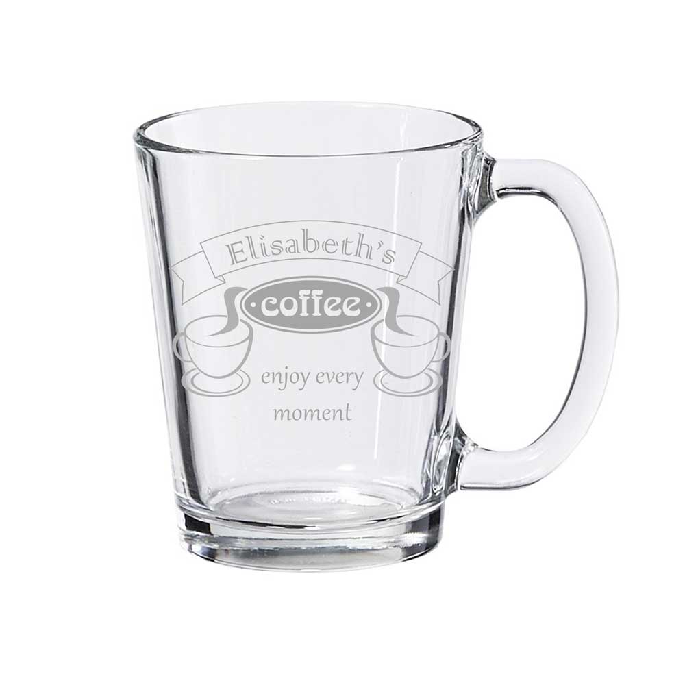 Personalised coffee or tea mug, with engraving on clear glass