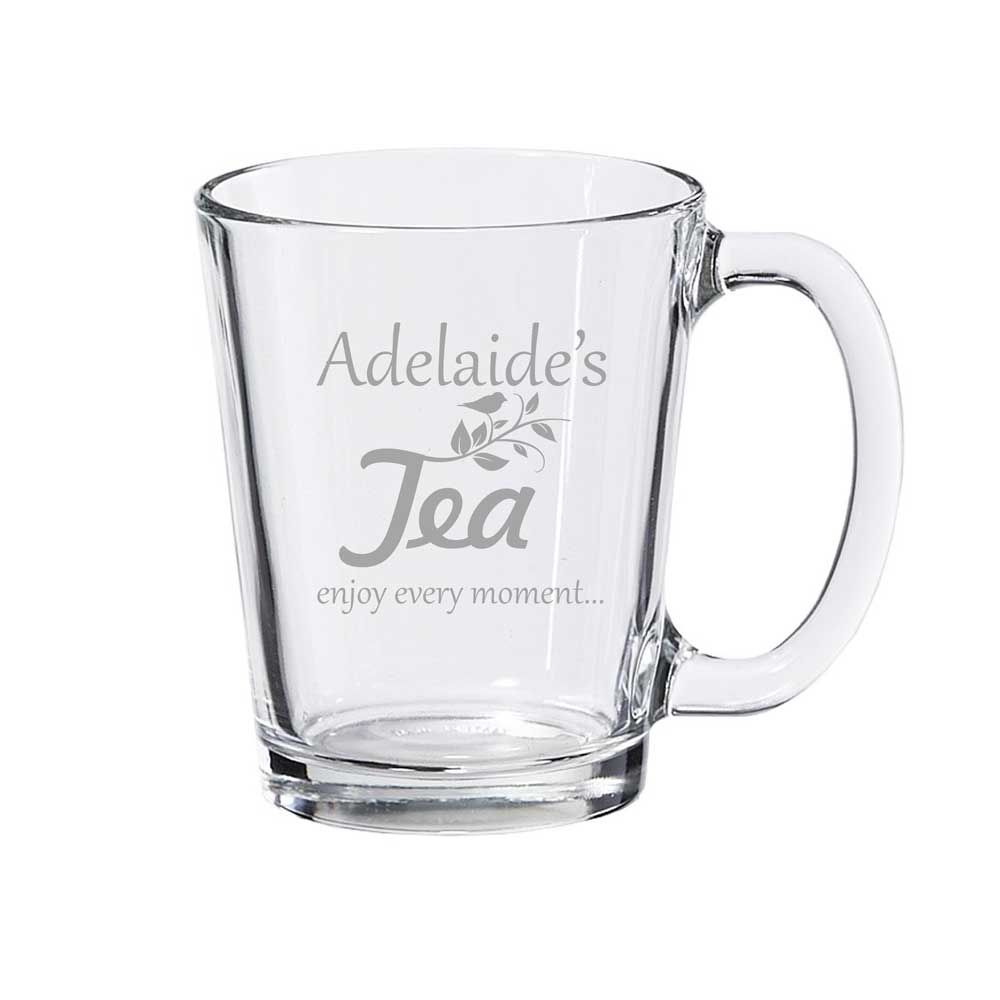 Personalised coffee or tea mug, with engraving on clear glass