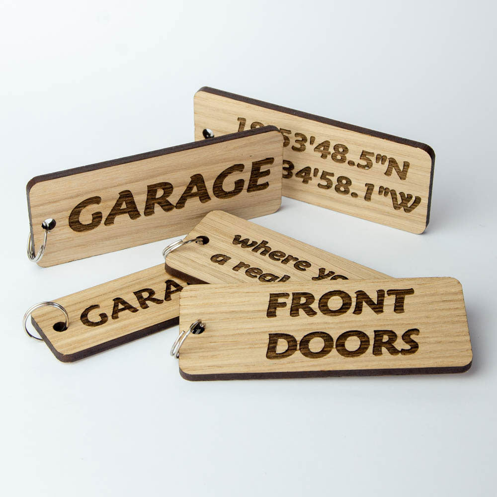 Keyring Shed, Garage, Hotel Keys Wooden Keyrings Personalised Oak Custom Made - National Engraver